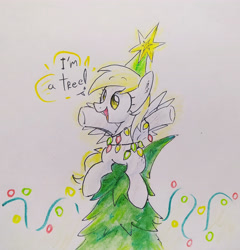 Size: 3932x4096 | Tagged: safe, artist:mirio_p2, derpibooru import, derpy hooves, pegasus, pony, g4, christmas, christmas lights, christmas tree, colored, derpy star, female, full body, full color, holiday, mare, open mouth, open smile, outstretched arms, smiling, solo, text, traditional art, tree