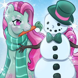 Size: 2400x2400 | Tagged: safe, artist:sparkytopia, derpibooru import, minty, earth pony, pony, g3, carrot, closed mouth, clothes, female, food, green coat, heart, heart eyes, mare, mouth hold, outdoors, pink eyes, pink mane, scarf, signature, snow, snowflake, snowman, solo, striped scarf, wingding eyes, winter minty