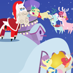 Size: 2160x2160 | Tagged: safe, anonymous artist, derpibooru import, alice the reindeer, aurora the reindeer, big macintosh, bori the reindeer, fluttershy, alicorn, deer, earth pony, pegasus, pony, reindeer, series:fm holidays, series:hearth's warming advent calendar 2024, g4, advent calendar, alice is not amused, alternate hairstyle, argument, aurora is not amused, chimney, christmas, clothes, doe, ears, eyes closed, facehoof, female, floppy ears, fluttermac, fluttershy's cottage, frown, group, hat, high res, holiday, lineless, looking up, male, mare, nightcap, nightgown, open mouth, pajamas, pointy ponies, roof, santa claus, santa hooves, shipping, short mane, snow, stallion, straight, the gift givers, unamused, window