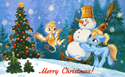 Size: 5168x3183 | Tagged: safe, artist:sofiko-ko, derpibooru exclusive, derpibooru import, oc, oc only, oc:beaky, oc:brave blossom, griffon, pegasus, pony, absurd resolution, broom, christmas, christmas tree, cute, duo, female, griffon oc, happy, high res, holiday, male, mother and child, mother and son, night, outdoors, parent and child, paw pads, paws, postcard, sled, snow, snowman, tree, underpaw, winter