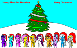 Size: 2450x1534 | Tagged: safe, derpibooru import, applejack, derpy hooves, fluttershy, pinkie pie, rainbow dash, rarity, starlight glimmer, sunset shimmer, trixie, twilight sparkle, g4, christmas, christmas tree, hat, hearth's warming, holiday, santa hat, snow, tree