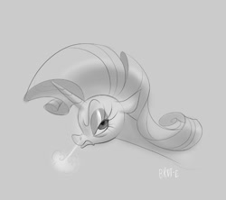 Size: 1280x1138 | Tagged: safe, artist:brdte, derpibooru import, rarity, pony, unicorn, g4, breath, bust, ears back, female, frown, furrowed brow, gray background, grayscale, horn, mare, monochrome, signature, simple background, snorting, solo