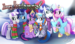 Size: 2000x1183 | Tagged: safe, artist:ossilia flawol, derpibooru import, night light, princess cadance, princess flurry heart, shining armor, spike, twilight sparkle, twilight sparkle (alicorn), twilight velvet, oc, oc:portal bump, alicorn, dragon, pony, unicorn, g4, alicorn oc, canon x oc, christmas sweater, clothes, companion cube, crown, earmuffs, family, family photo, female, group photo, hearth's warming, horn, jewelry, lesbian, male, my little pony best gift ever, my little pony: friendship is magic, portal (valve), regalia, scarf, shiningcadance, ship:portalsparkle, shipping, snow, sparkle family, star flurry heart, straight, sweater, twilight's castle, wings, winter outfit