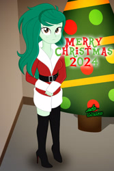 Size: 1440x2160 | Tagged: safe, artist:gibsterboy5, derpibooru import, wallflower blush, human, equestria girls, g4, belt, boots, breasts, christmas, christmas tree, cleavage, clothes, complex background, costume, female, hands together, high heel boots, high heels, holiday, looking up, merry christmas, santa costume, shoes, signature, solo, standing, text, tree