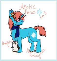 Size: 730x780 | Tagged: safe, artist:arsonrabbit, derpibooru import, oc, oc only, oc:arctic freeze, bird, penguin, pony, unicorn, g4, abstract background, blue coat, clothes, digital art, female, flower, flower in hair, freckles, horn, looking back, mare, orange hair, orange mane, orange tail, passepartout, red eyes, scarf, signature, simple background, solo, tail, unicorn oc, wingding eyes