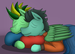 Size: 3787x2723 | Tagged: safe, artist:tacomytaco, derpibooru import, oc, oc only, oc:taco.m.tacoson, pegasus, pony, blanket, gradient background, hug, lying down, male, pillow, sleeping, smiling, snuggling, winghug, wings