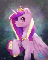 Size: 1080x1350 | Tagged: safe, artist:larizzart, derpibooru import, princess cadance, alicorn, pony, g4, female, mare, profile, raised hoof, raised leg, sitting, smiling, solo