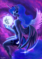 Size: 2480x3508 | Tagged: safe, artist:brymcha, derpibooru import, princess luna, alicorn, anthro, g4, breasts, featureless breasts, female, high res, looking at you, mare in the moon, moon, nudity, solo, space, tangible heavenly object