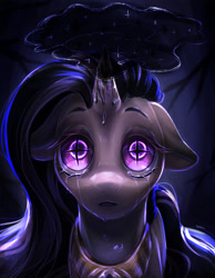 Size: 2717x3508 | Tagged: safe, artist:brymcha, derpibooru import, oc, oc only, oc:burnt outstar, pony, unicorn, broken horn, bust, crying, dark magic, ears, floppy ears, horn, magic, solo, unicorn oc, wingding eyes