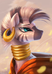 Size: 1614x2283 | Tagged: safe, artist:brymcha, derpibooru import, zecora, zebra, g4, bust, clothes, female, head turn, hoodie, mare, portrait, solo