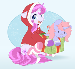 Size: 2002x1840 | Tagged: safe, artist:higglytownhero, derpibooru import, oc, oc only, oc:collision crash, pony, unicorn, christmas, clothes, costume, cute, eye clipping through hair, female, holding, holiday, horn, looking at you, looking sideways, mare, open mouth, open smile, plushie, present, santa costume, simple background, sitting, smiling, smiling at you, socks, striped socks, white background