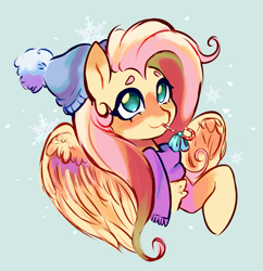 Size: 1981x2049 | Tagged: safe, artist:kuzoux, derpibooru import, fluttershy, pegasus, pony, g4, :3, bust, candy, candy cane, clothes, cute, female, food, hat, mare, mouth hold, raised hoof, raised leg, scarf, shyabetes, simple background, solo, winter hat