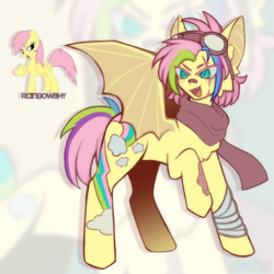 Size: 2000x2000 | Tagged: safe, artist:k4krr, derpibooru import, fluttershy, rainbow dash, bat pony, pony, g4, alternate design, alternate hairstyle, alternate universe, bat ponified, cascading cutie mark, cheek fluff, clothes, cute, cute little fangs, eye scar, facial scar, fangs, flutterbat, goggles, goggles on head, leg scar, leg wraps, open mouth, open smile, palette swap, pink eyelashes, race swap, raised hoof, raised leg, recolor, role reversal, scar, scarf, slit eyes, smiling, solo, species swap, zoom layer