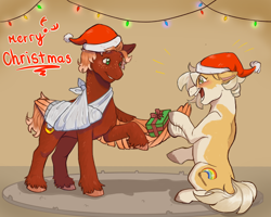 Size: 5400x4320 | Tagged: safe, artist:jennyfire, derpibooru import, oc, oc:banana cupcake, oc:golden flare, earth pony, pegasus, pony, bandage, broken bone, broken wing, cast, christmas, colored hooves, colored wings, commission, earth pony oc, female, female oc, freckles, hat, holiday, hooves, injured, male, nonbinary, pegasus oc, ponified, present, santa hat, short tail, sling, species swap, stallion, tail, unshorn fetlocks, wings