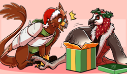 Size: 4172x2456 | Tagged: safe, artist:lou raccoon, derpibooru import, oc, oc:cyrus, oc:pavlos, anthro, griffon, bandage, beak, bearded vulture, broken bone, broken wing, cast, cheek fluff, christmas, claws, clothes, colored wings, commission, eared griffon, griffon oc, holiday, injured, non-pony oc, nonbinary, sling, tail, wings