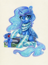 Size: 1118x1500 | Tagged: safe, artist:maytee, derpibooru import, princess luna, alicorn, pony, g4, box, christmas, clothes, gamer luna, graphics card, holiday, present, scarf, simple background, socks, solo, striped scarf, striped socks, traditional art, white background