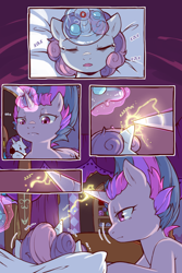 Size: 960x1440 | Tagged: safe, artist:cold-blooded-twilight, derpibooru import, edit, rarity, sweetie belle, twilight sparkle, unicorn twilight, pony, unicorn, comic:cold storm (ru), g4, bedroom, cold blooded twilight, comic, crying, cyrillic, eyepatch, eyes closed, female, filly, foal, glowing, glowing horn, horn, ice, ice pack, lidded eyes, magic, magic aura, mare, messy mane, open mouth, pillow, russian, telekinesis, translation, translator:agent00k0t