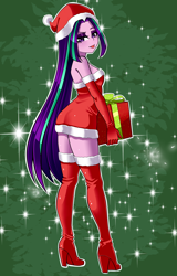 Size: 1600x2500 | Tagged: safe, artist:nekojackun, derpibooru import, aria blaze, human, equestria girls, g4, 2d, bare shoulders, boots, breasts, butt, christmas, christmas 2024, christmas clothing, clothes, costume, dress, evening gloves, eyeshadow, female, gloves, hat, high heel boots, high heels, holiday, long gloves, long hair, looking at you, makeup, minidress, present, reasonably sized breasts, santa costume, santa hat, sexy, sexy santa costume, shoes, sideboob, sleeveless, smiling, smiling at you, socks, solo, strapless, stupid sexy aria blaze, thigh boots, thigh highs, thighs, tongue, tongue out, zettai ryouiki