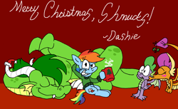 Size: 3289x2015 | Tagged: safe, artist:dragonboi471, artist:rainbowdashsmailbag, derpibooru import, rainbow dash, smolder, spike, oc, oc:turc grayson, dragon, pony, g4, blush scribble, blushing, chocolate, christmas, female, food, grin, hat, holiday, holly, holly mistaken for mistletoe, hot chocolate, kiss on the cheek, kissing, looking at you, male, mug, red background, santa hat, ship:spolder, shipping, simple background, smiling, smiling at you, straight, winged spike, wings