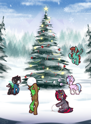 Size: 1436x1945 | Tagged: safe, artist:chiefywiffy, derpibooru import, oc, oc:chiefy, oc:hattrick, oc:hedgie, oc:peatmoss, oc:split, bat pony, changeling, pegasus, unicorn, christmas, christmas tree, female, holiday, horn, male, mare, snow, snowball, snowball fight, stallion, tree