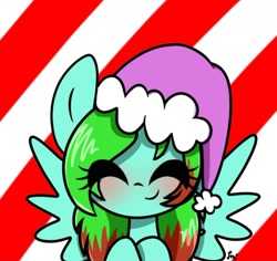 Size: 1600x1509 | Tagged: artist needed, safe, derpibooru import, oc, oc:precised note, pegasus, blushing, christmas, eyes closed, female, happy, hat, holiday, santa hat, two toned mane, watermark