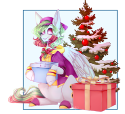 Size: 934x856 | Tagged: artist needed, safe, derpibooru import, oc, oc:precised note, pegasus, baseball cap, big ears, cap, christmas, christmas tree, clothes, cosplay, costume, cute, ears, female, grin, hat, holiday, holly, hoodie, king of fighters, lucky glauber, ornament, partially transparent background, present, ribbon, shoes, sitting, smiling, snow, sweatband, tail, tree, two toned mane, two toned tail, watermark, wristband