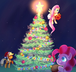 Size: 2160x2050 | Tagged: safe, artist:andromedasparkz, derpibooru import, applejack, fluttershy, pinkie pie, earth pony, pegasus, pony, g4, christmas, christmas tree, cupcake, eating, eyes closed, female, food, hat, high res, holiday, mare, merry christmas, present, santa hat, smiling, tree, trio, trio female