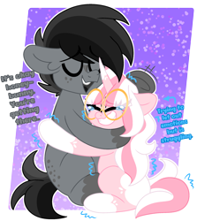 Size: 2000x2245 | Tagged: safe, artist:ladylullabystar, derpibooru import, oc, oc only, oc:lady lullaby star, oc:yoshter7, earth pony, pony, unicorn, crying, emanata, female, glasses, gradient background, horn, hug, male, mare, oc x oc, partially transparent background, passepartout, ponysona, round glasses, shipping, sitting, stallion, straight, unicorn oc