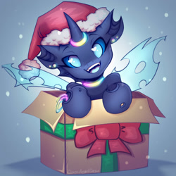 Size: 3000x3000 | Tagged: safe, artist:chaosangeldesu, derpibooru import, oc, oc only, oc:trill, changeling, box, changeling in a box, changeling oc, choker, christmas, christmas changeling, commission, hat, holiday, horn, horn ring, looking at you, ring, santa hat, smiling, smiling at you, snow, solo, spread wings, wings, ych result