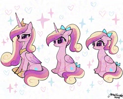 Size: 2048x1638 | Tagged: safe, artist:petaltwinkle, derpibooru import, princess cadance, alicorn, pegasus, pony, g4, adversarial noise, age progression, blushing, bow, colored wings, crown, cute, cutedance, digital art, evolution, eyelashes, female, folded wings, full body, glazed, gradient wings, growing up, hair bow, heart, heart eyes, horn, jewelry, lidded eyes, long horn, mare, multicolored hair, multicolored mane, multicolored tail, older, pegasus cadance, pink body, pink fur, regalia, signature, simple background, sitting, smiling, sparkles, tail, teen princess cadance, white background, wingding eyes, wings