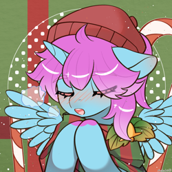 Size: 1280x1280 | Tagged: artist needed, safe, derpibooru import, oc, oc only, oc:柒染, alicorn, pony, alicorn oc, blush lines, blushing, breath, candy, candy cane, christmas, clothes, colored hooves, eye clipping through hair, eyebrows, eyebrows visible through hair, female, food, holiday, hooves, horn, mare, scarf, solo, spread wings, striped scarf, wings