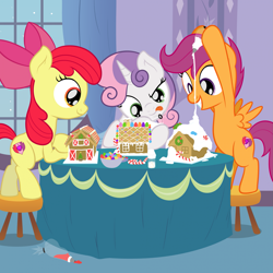 Size: 1919x1919 | Tagged: safe, artist:nitei, derpibooru import, apple bloom, scootaloo, sweetie belle, earth pony, pegasus, pony, unicorn, g4, adorabloom, barn, bow, candy, candy cane, carousel boutique, christmas, concentrating, cute, cutealoo, cutie mark crusaders, diasweetes, female, filly, foal, food, frosting, gingerbread (food), gingerbread house, grin, hair bow, happy, hearth's warming, heartwarming, holiday, horn, icing bag, smiling, snow, stool, table