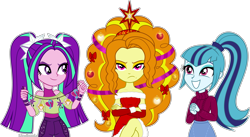 Size: 6295x3450 | Tagged: safe, artist:limedazzle, derpibooru import, adagio dazzle, aria blaze, sonata dusk, human, equestria girls, g4, adagio dazzle is not amused, bare shoulders, christmas, christmas lights, christmas tree, clothes, costume, denim, dress, evening gloves, female, gloves, grin, holiday, jeans, long gloves, pants, santa costume, shirt, simple background, skirt, smiling, sweater, t-shirt, the dazzlings, transparent background, tree, trio, trio female, unamused