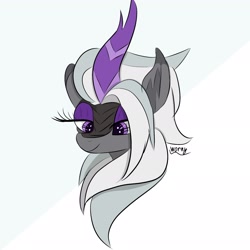 Size: 2048x2048 | Tagged: safe, artist:worny, derpibooru import, oc, oc only, oc:jinx kurai, kirin, abstract background, bedroom eyes, bust, eyelashes, eyeshadow, female, grey hair, horn, makeup, mare oc, multicolored mane, portrait, purple eyeshadow, signature, simple background, smiling, solo, speedart