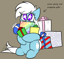 Size: 4020x3714 | Tagged: safe, artist:feather_bloom, derpibooru import, oc, oc only, oc:feather bloom(fb), pegasus, pony, excited, gift wrapped, hearth's warming, present, simple background, sketch, solo, starry eyes, tail, tail wag, wingding eyes