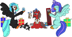 Size: 2848x1465 | Tagged: safe, artist:supahdonarudo, derpibooru import, oc, oc only, oc:icebeak, oc:ironyoshi, oc:sea lilly, bird, classical hippogriff, hippogriff, orca, penguin, unicorn, :t, box, camera, christmas, clothes, holding, holiday, horn, jewelry, levitation, magic, necklace, plushie, present, shirt, simple background, sitting, snow globe, socks, telekinesis, transparent background, tripod