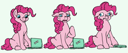 Size: 2480x1034 | Tagged: safe, artist:anonymous, derpibooru import, pinkie pie, earth pony, pony, g4, closing, comic, computer, drawthread, female, laptop computer, mare, raised hoof, raised leg, requested art, scrunchy face, simple background, solo, sweat, white background