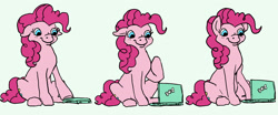 Size: 2480x1034 | Tagged: safe, artist:anonymous, derpibooru import, pinkie pie, earth pony, pony, g4, comic, computer, drawthread, female, laptop computer, mare, raised hoof, raised leg, requested art, simple background, smiling, solo, white background