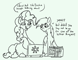 Size: 1061x829 | Tagged: safe, artist:anonymous, derpibooru import, derpy hooves, pinkie pie, earth pony, pegasus, g4, 4chan, book, computer, dialogue, drawthread, duo, female, implied rainbow dash, laptop computer, lineart, mare, simple background