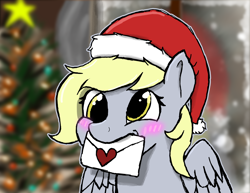 Size: 3300x2550 | Tagged: safe, artist:mr_nate89, derpibooru import, derpy hooves, pegasus, pony, g4, christmas, christmas tree, cute, derpabetes, female, hat, holiday, letter, mail, mare, santa hat, smiling, solo, tree