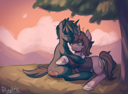 Size: 1548x1144 | Tagged: safe, artist:bkiltersot, derpibooru import, oc, oc only, oc:emerald sky, oc:midnight scrawl, pony, unicorn, duo, duo male, eyes closed, glasses, grass, holding each other, horn, hug, male, male oc, outdoors, sky, smiling, stallion, tree, unshorn fetlocks