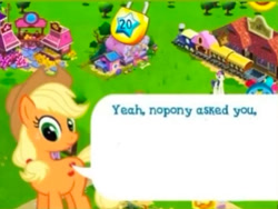 Size: 1013x762 | Tagged: safe, derpibooru import, screencap, applejack, earth pony, pony, g4, brutal honesty, female, gameloft, mare, meme, solo, speech bubble