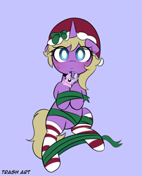 Size: 3096x3827 | Tagged: safe, artist:eltrash_art6, derpibooru import, starlight glimmer, oc, oc only, oc:hay meadow, pony, unicorn, g4, blue background, blushing, christmas, clothes, commission, female, gift wrapped, hat, holiday, horn, mare, plushie, ribbon, santa hat, simple background, socks, solo, striped socks, ych result