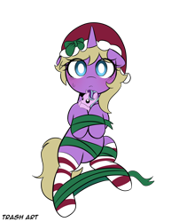 Size: 3096x3827 | Tagged: safe, alternate version, artist:eltrash_art6, derpibooru import, starlight glimmer, oc, oc only, oc:hay meadow, pony, unicorn, g4, blushing, christmas, clothes, commission, female, gift wrapped, hat, holiday, horn, mare, plushie, ribbon, santa hat, simple background, socks, solo, striped socks, transparent background, ych result