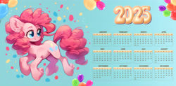 Size: 5507x2706 | Tagged: safe, ai content, artist:saltyvity, derpibooru import, edit, generator:purplesmart.ai, generator:stable diffusion, machine learning assisted, pinkie pie, earth pony, pony, g4, 2025, balloon, blue background, blue eyes, calendar, ear fluff, ears, fluffy, gradient background, pink mane, prompter:saltyvity, simple background, smiling, solo