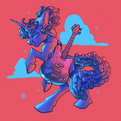 Size: 3000x3000 | Tagged: safe, artist:pastacrylic, derpibooru import, sweetie belle, pony, unicorn, g4, alternate design, alternate hairstyle, alternate tailstyle, bass guitar, bipedal, butch, butch lesbian, curly hair, curly mane, curly tail, guitar, high res, horn, limited palette, musical instrument, narrowed eyes, older, older sweetie belle, ponytail, profile, rearing, shiny mane, shiny tail, signature, smiling, solo, tail, tied mane, two toned mane, undercut