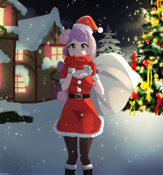 Size: 1125x1200 | Tagged: safe, artist:riouku, derpibooru import, sweetie belle, human, alternate hairstyle, belt, blushing, boots, christmas, christmas tree, clothes, commission, costume, dress, female, gloves, hat, holiday, house, humanized, older, older sweetie belle, santa costume, santa hat, scarf, shoes, solo, stockings, thigh highs, tree