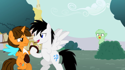 Size: 1191x671 | Tagged: safe, artist:punkieprimeape1, derpibooru import, oc, oc:ej, oc:gregory griffin, oc:shane park, alicorn, griffon, pegasus, g4, alicorn oc, gay, griffon oc, horn, male, pegasus oc, wings