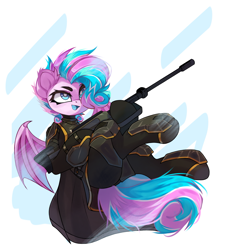 Size: 3941x4201 | Tagged: safe, artist:jfrxd, derpibooru import, oc, oc only, oc:sweetie swirl, bat pony, abstract background, armor, bat pony oc, black and yellow, blue tongue, cape, clothes, dynamic pose, ear fluff, ears, eyelashes, femboy, flying, gun, hair over one eye, helldivers, helldivers 2, male, multicolored hair, simple background, smiling, solo, weapon