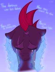 Size: 2300x3000 | Tagged: safe, artist:anix_space, derpibooru import, fizzlepop berrytwist, tempest shadow, pony, unicorn, g4, blushing, broken horn, bust, crying, ears, fire, floppy ears, gradient background, hand on face, heartwarming, horn, magic, portrait, smiling, tears of joy, text